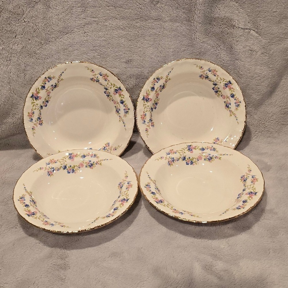 Pope-Gosser Sterling China Berry Bowls Set of‎ 4 Pink Blue Floral Gold Trim USA